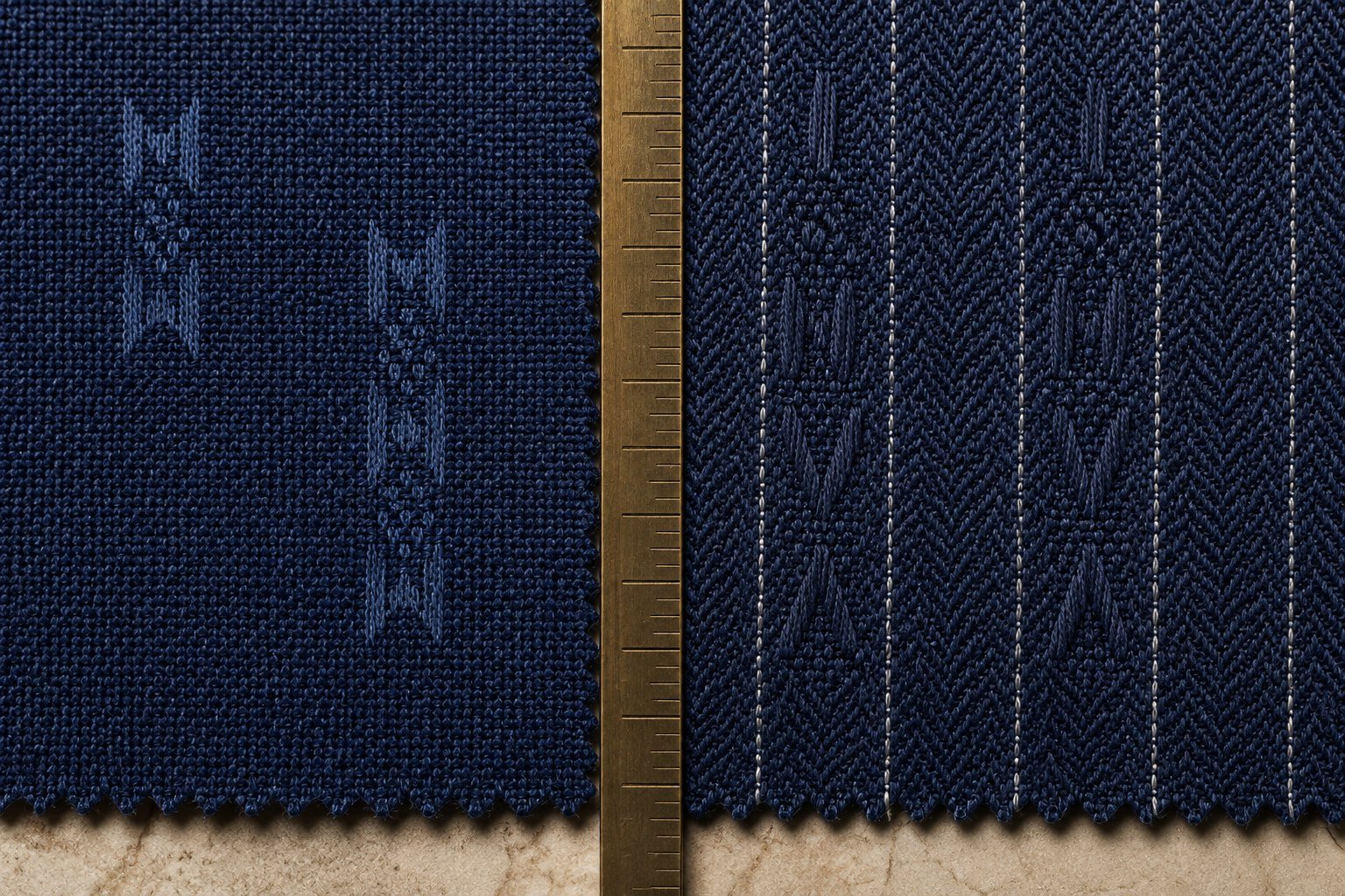 Close comparison between a surface-applied identity motif and an identity motif integrated into navy woven fabric